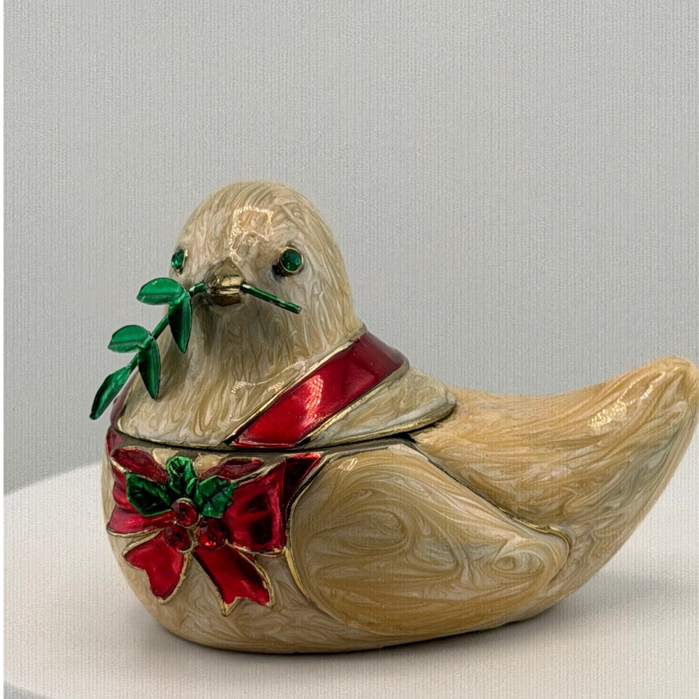 Christmas Bird Trinket Box Enamel Rhinestone Figurine Holiday Decor Cream Red